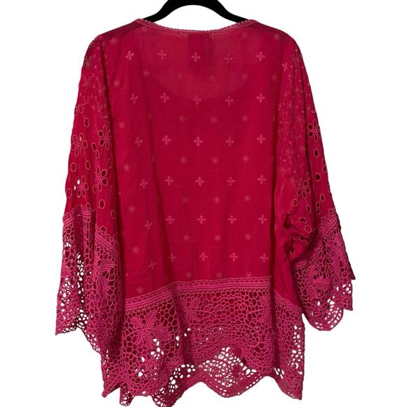 Johnny Was Pink Embroidered Crochet Floral Boho Blouse Top Size Medium - Picture 3 of 4